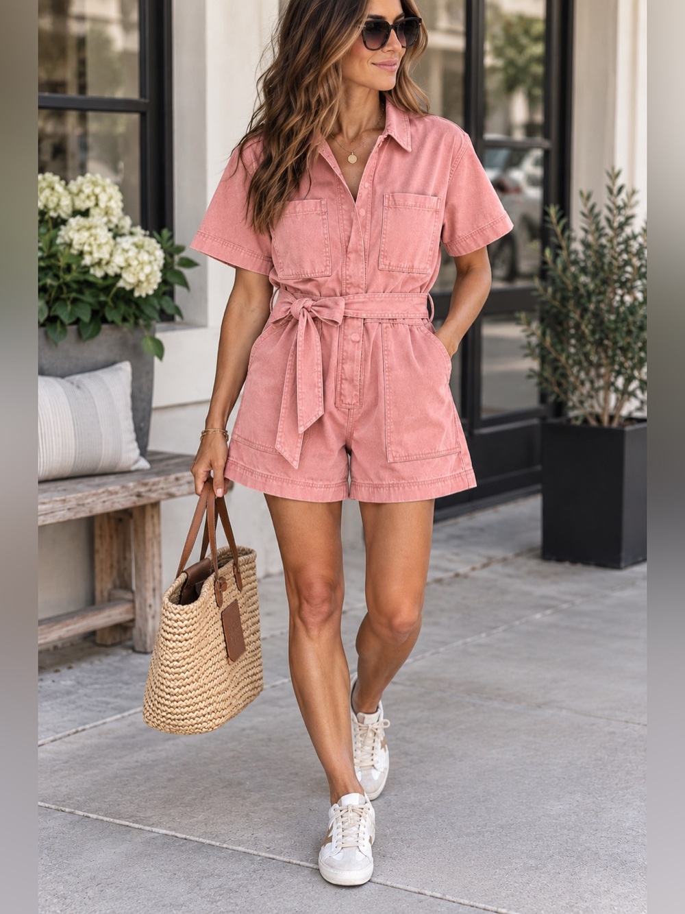 Short-Sleeve Utility Romper in Dusty Rose